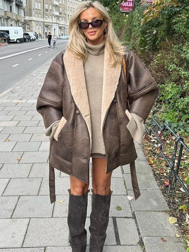 Damen Kunstledermantel Oversized Leder-Look Fleece