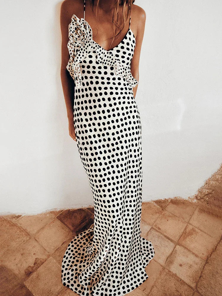 Damen Maxikleid Spaghettiträger Punktemuster Lang