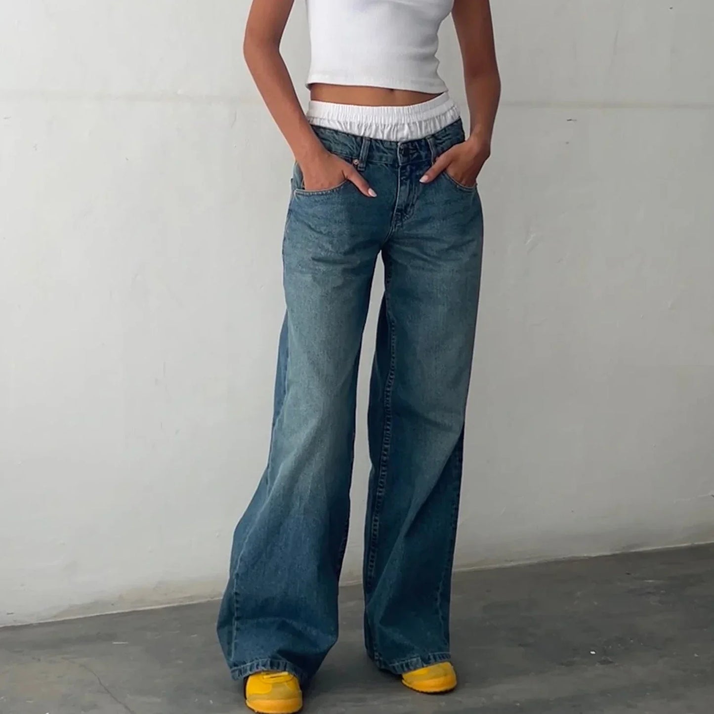 Damen Weitbein Jeans Helle Vintage Farbe