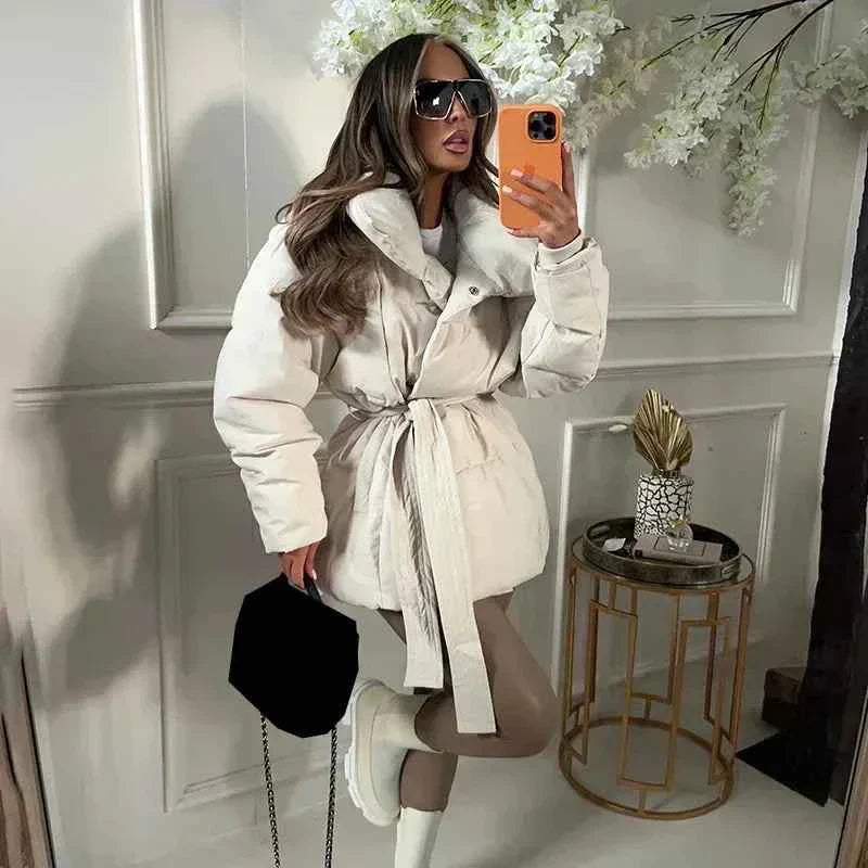 Damen Winterpufferjacke Gürtel Dicker Wattierung Großer Kragen