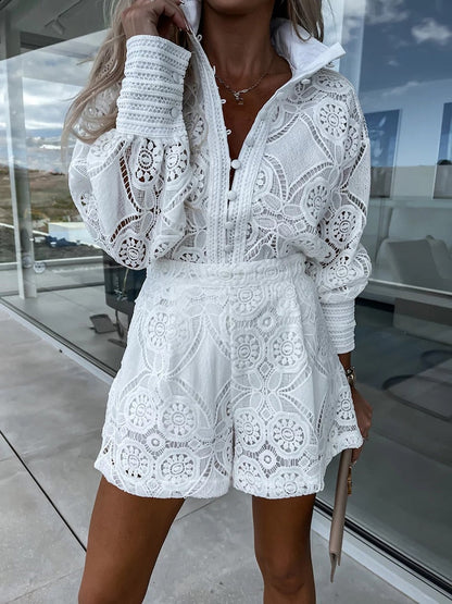 Damen Lochspitzenbluse und Shorts-Set