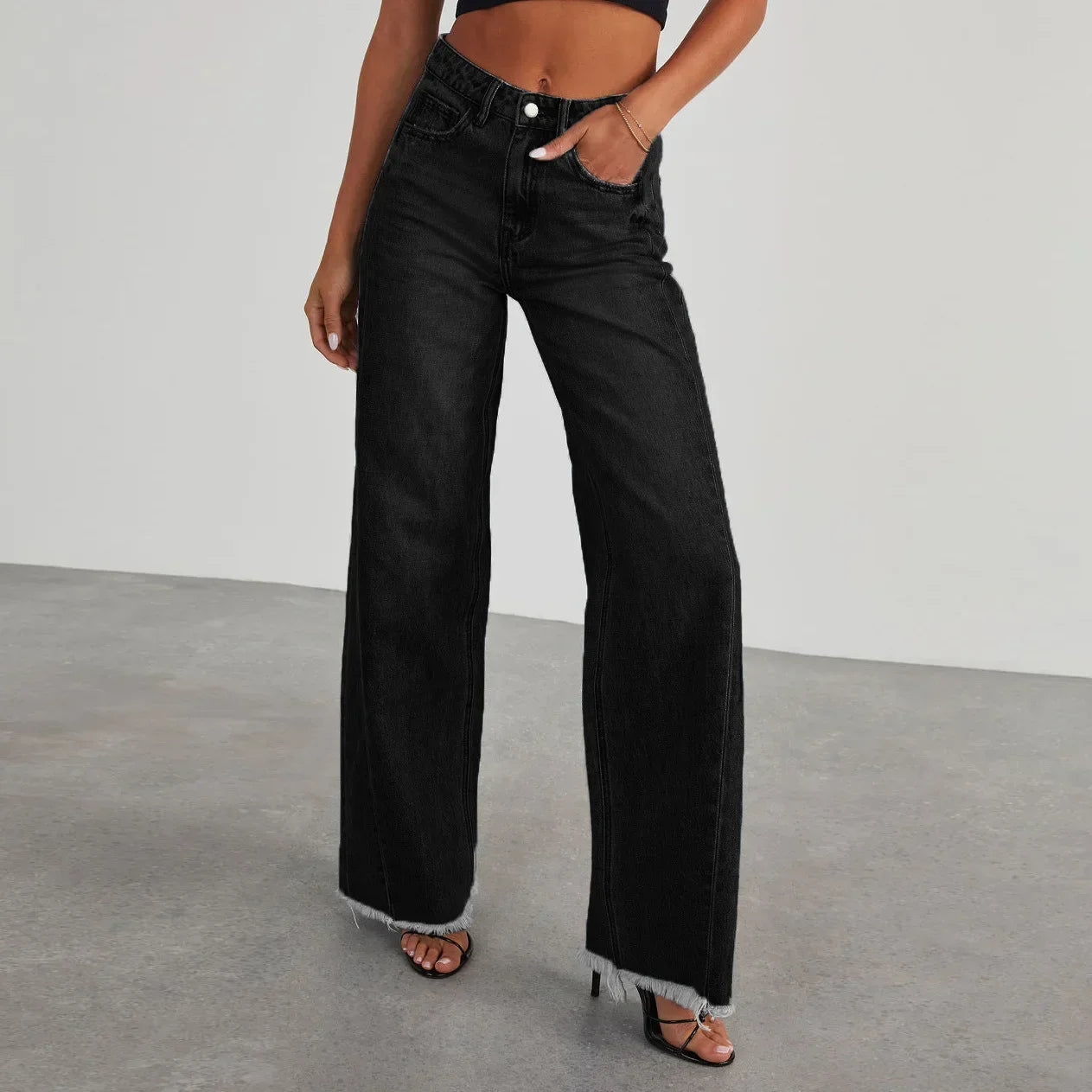 Damen Weitbein Jeans Grau Raw Hem