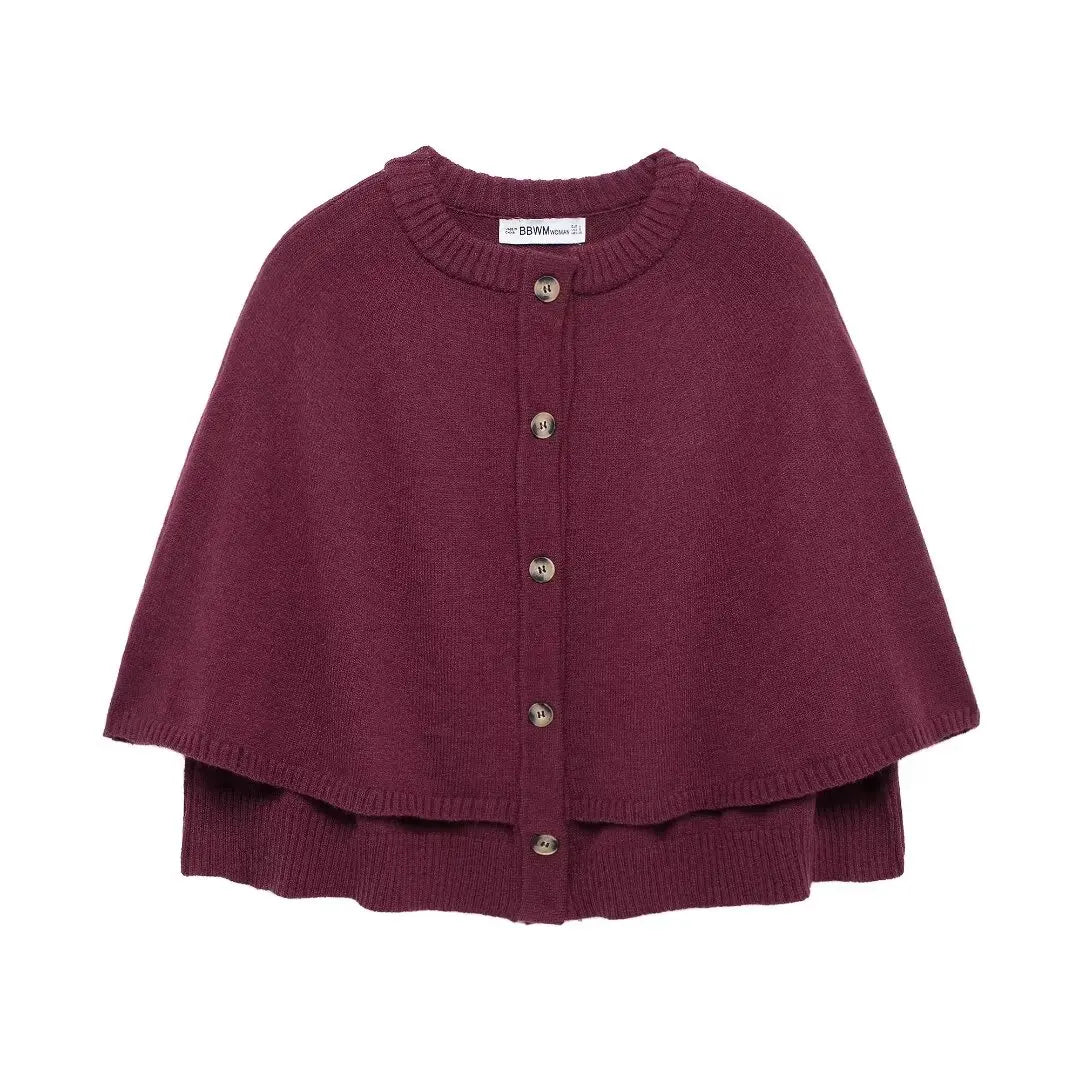 bordeaux strickweste mit cape-look und knöpfen, vorderansicht