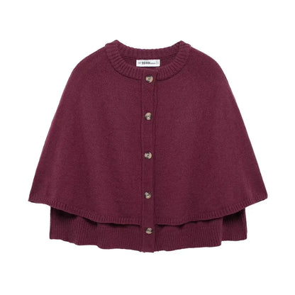 bordeaux strickweste mit cape-look und knöpfen, vorderansicht