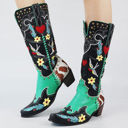 Damen Cowboy-Stiefel Bestickt Bunte Blumen Blockabsatz Western-Look