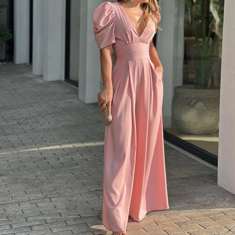 Norvielle Damen Jumpsuit Puffärmel Elegent - Norvielle