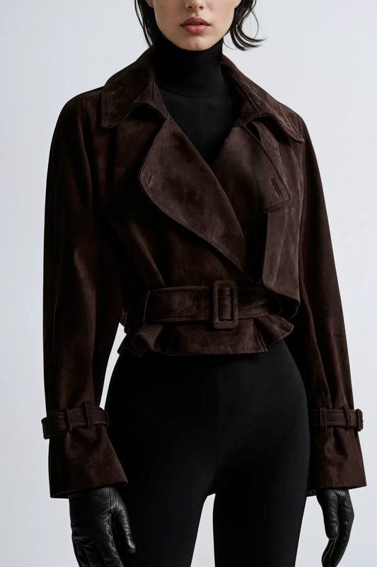 Avenza Damen Cropped Jacke Suedelook Taillengürtel - Norvielle