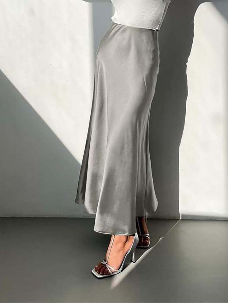 Damen Satin-Rock Midi Länge Fließend