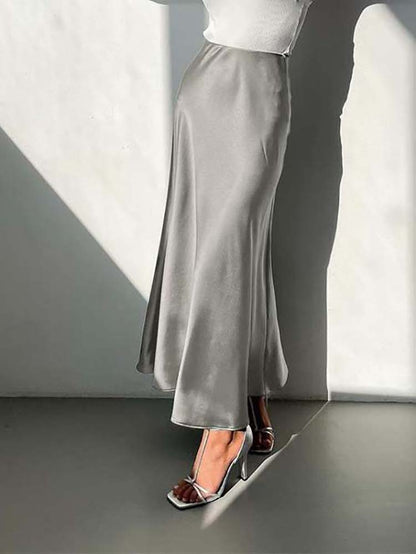 Damen Satin-Rock Midi Länge Fließend