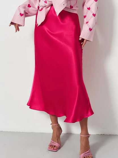 Damen Satin-Rock Midi Länge Fließend
