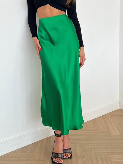 Damen Satin-Rock Midi Länge Fließend