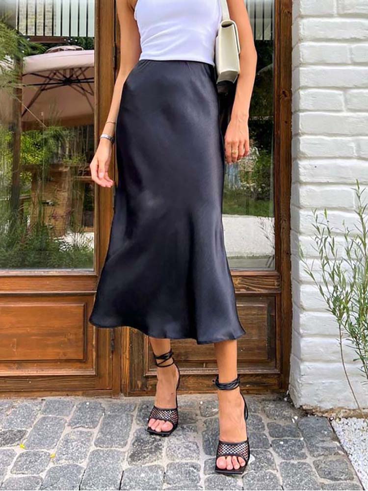 Damen Satin-Rock Midi Länge Fließend Schwarz - Norvielle