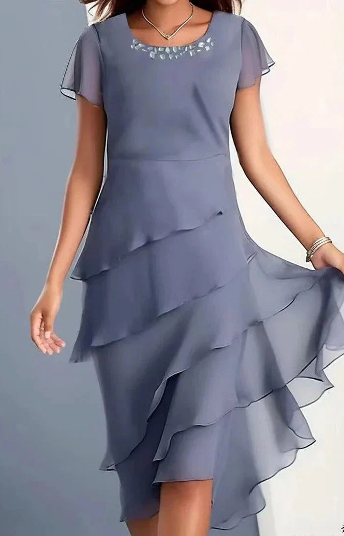 Damen Midikleid Rundhals Volantärmel Tailliert - Norvielle