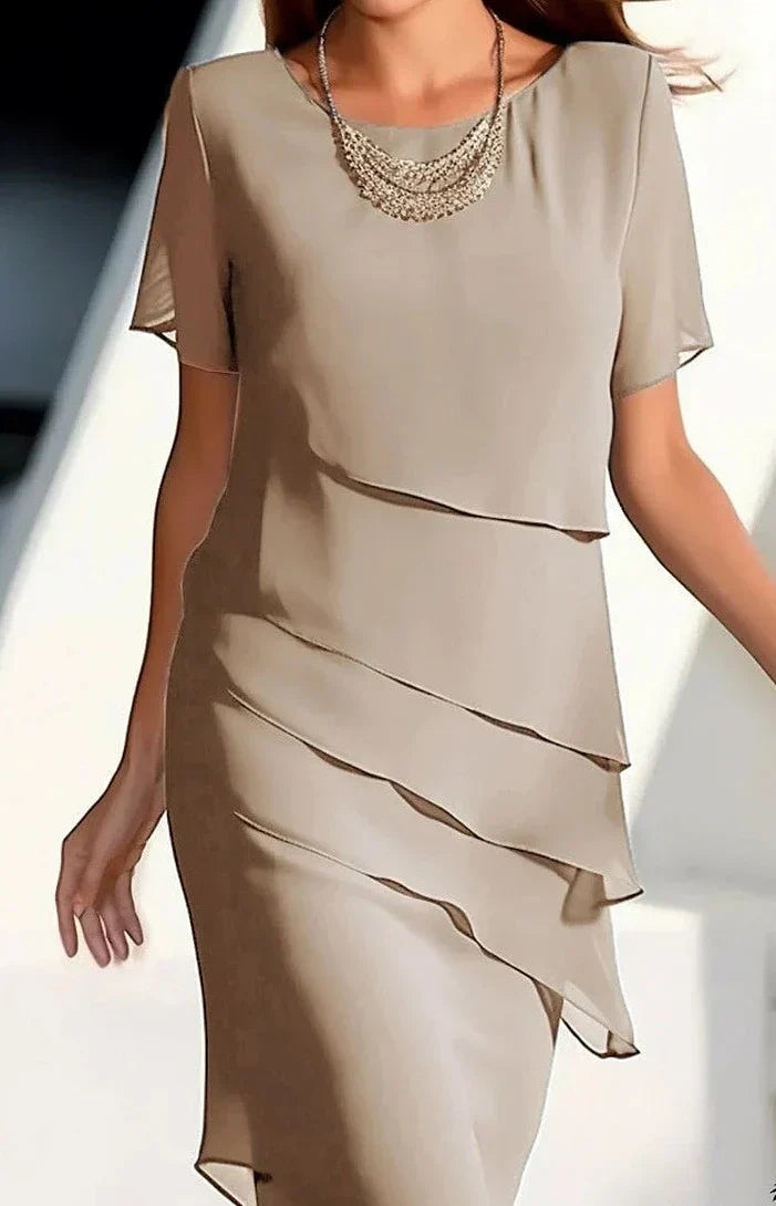 Damen Midikleid Rundhals Volantärmel Tailliert