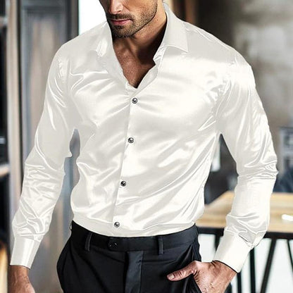 Satinhemd – bügelfreies, glänzendes Langarm-Hemd mit Knopfleiste für Herren-Weiß-S-Chaps Herrenmode