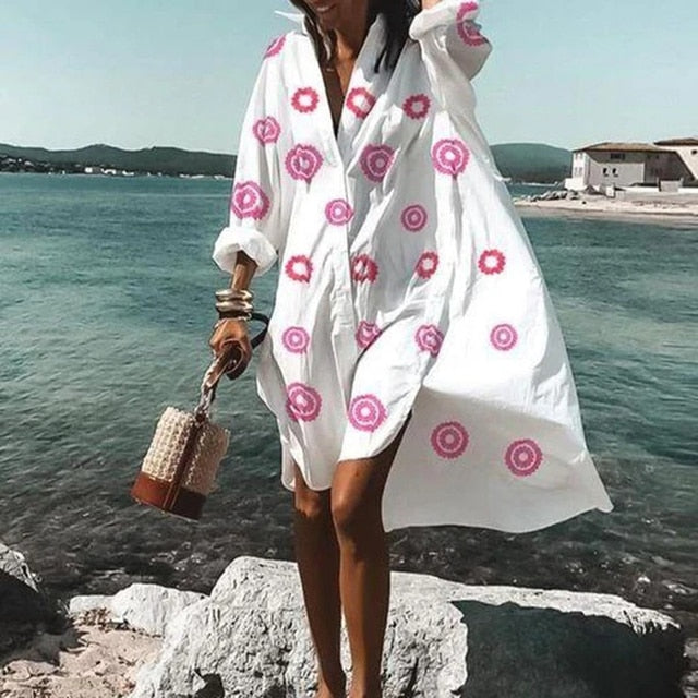 Damen Strandkleid Langarm Mit Kragen