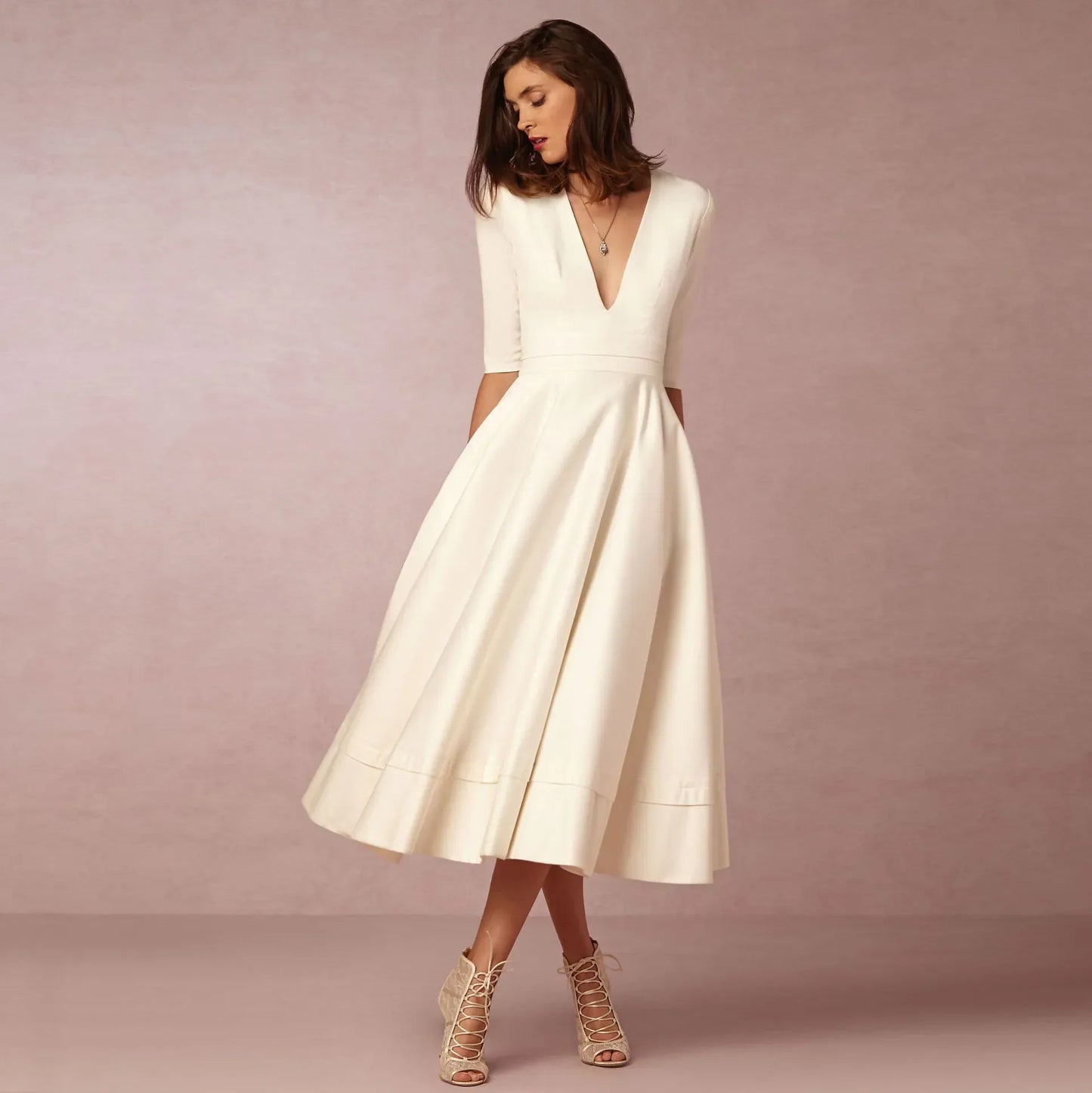Damen Midi Hochzeitsgastkleid V-Ausschnitt