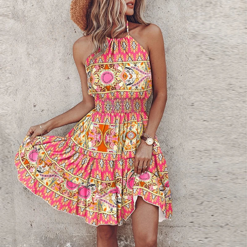 Damen Sommerkleid Ärmellos Boho-Print Tailliert Schwarz - Norvielle