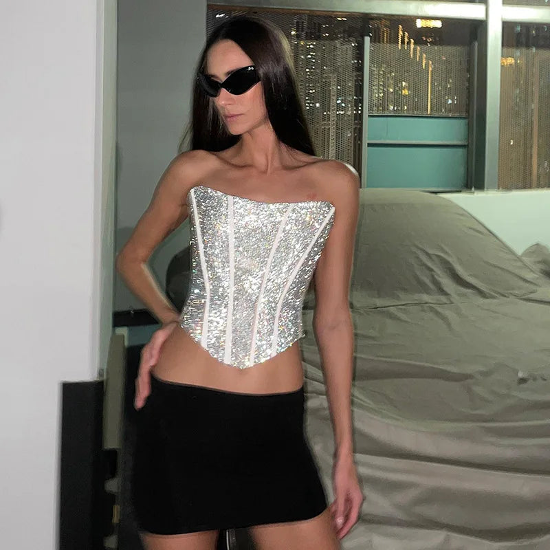 Norvielle Damen Strapless Korsett Glitzer
