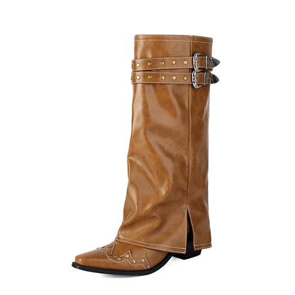 Western Kniestiefel Damen Doppel-Schnalle Spitze Kappe