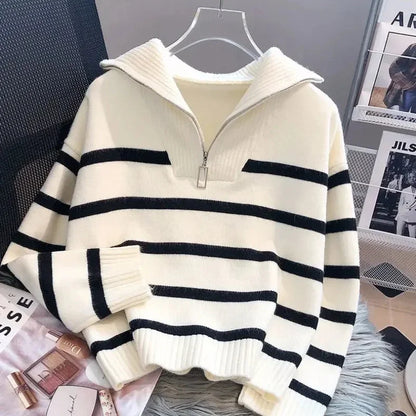 Norvielle Damen Pullover Mit Reißverschluss Weiß Gestreift