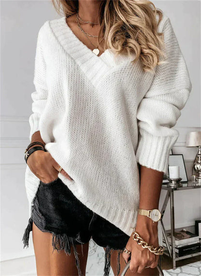 Damen Pullover V-Ausschnitt Klobig Weich