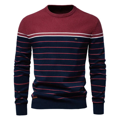 Herren Pullover Streifenmuster Merino-Wolle Bequem Marineblau