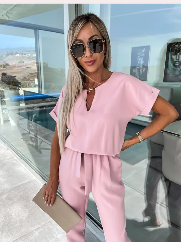 Norvielle Damen Jumpsuit Kurzärmelig Mit Gürtel Elegant