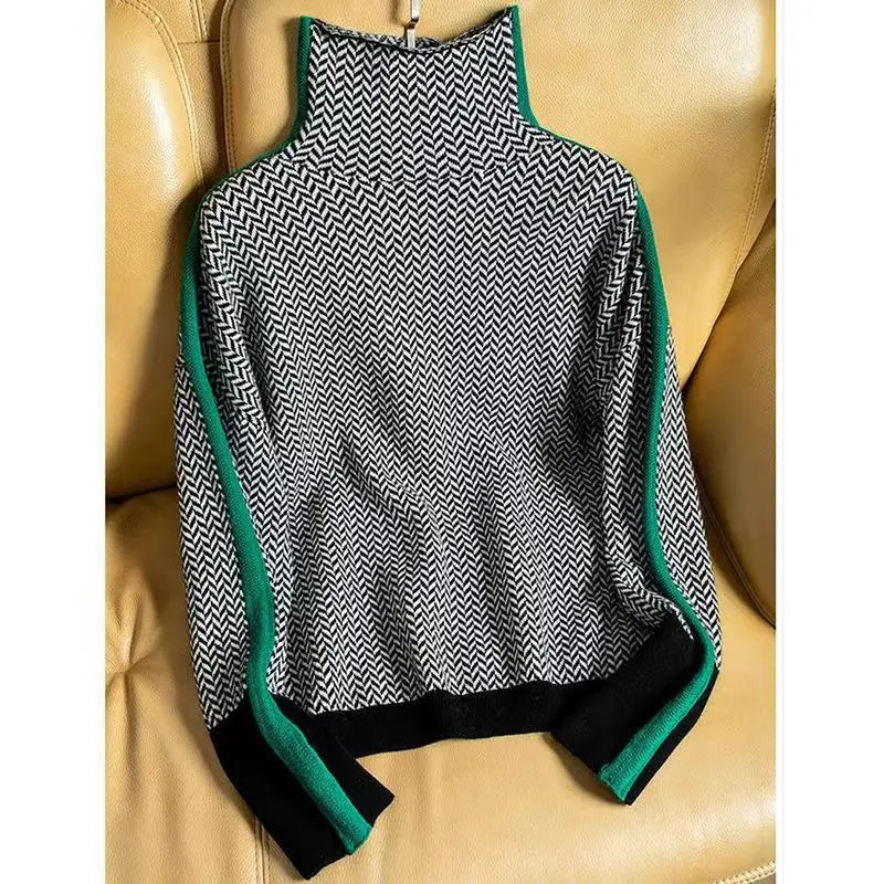 Damen Rollkragenpullover Fischgrät Muster Weich Grau