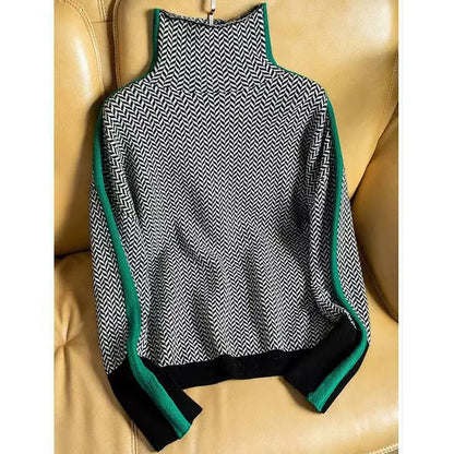 Damen Rollkragenpullover Fischgrät Muster Weich Grau