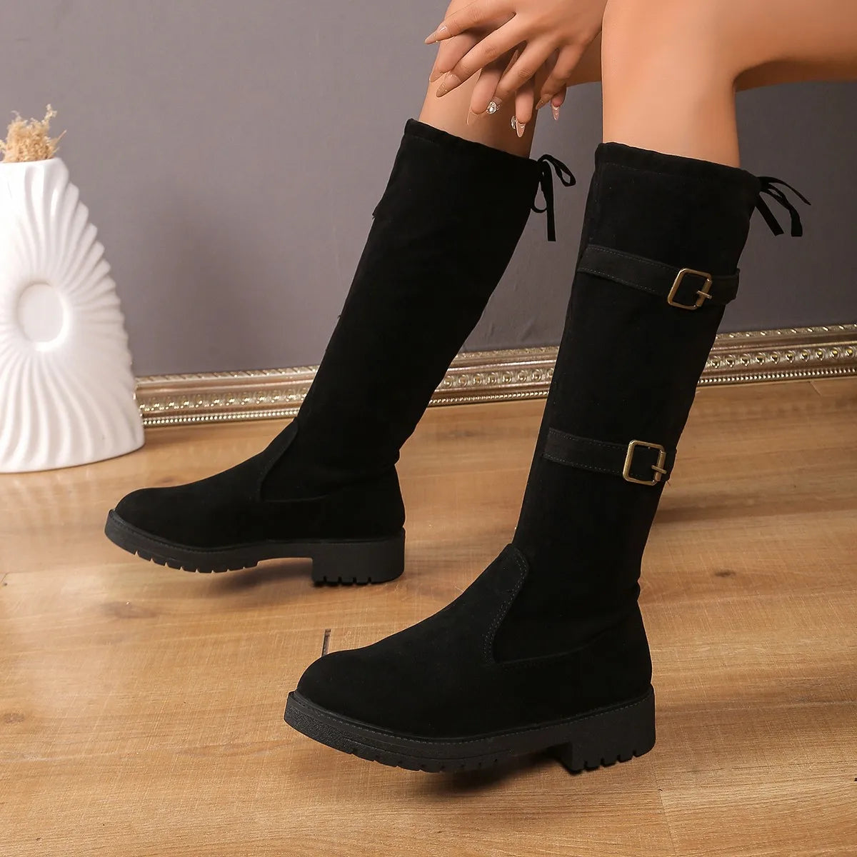 Damen Knee High Stiefel Schwarz Niedriger Absatz Klassisch - Norvielle