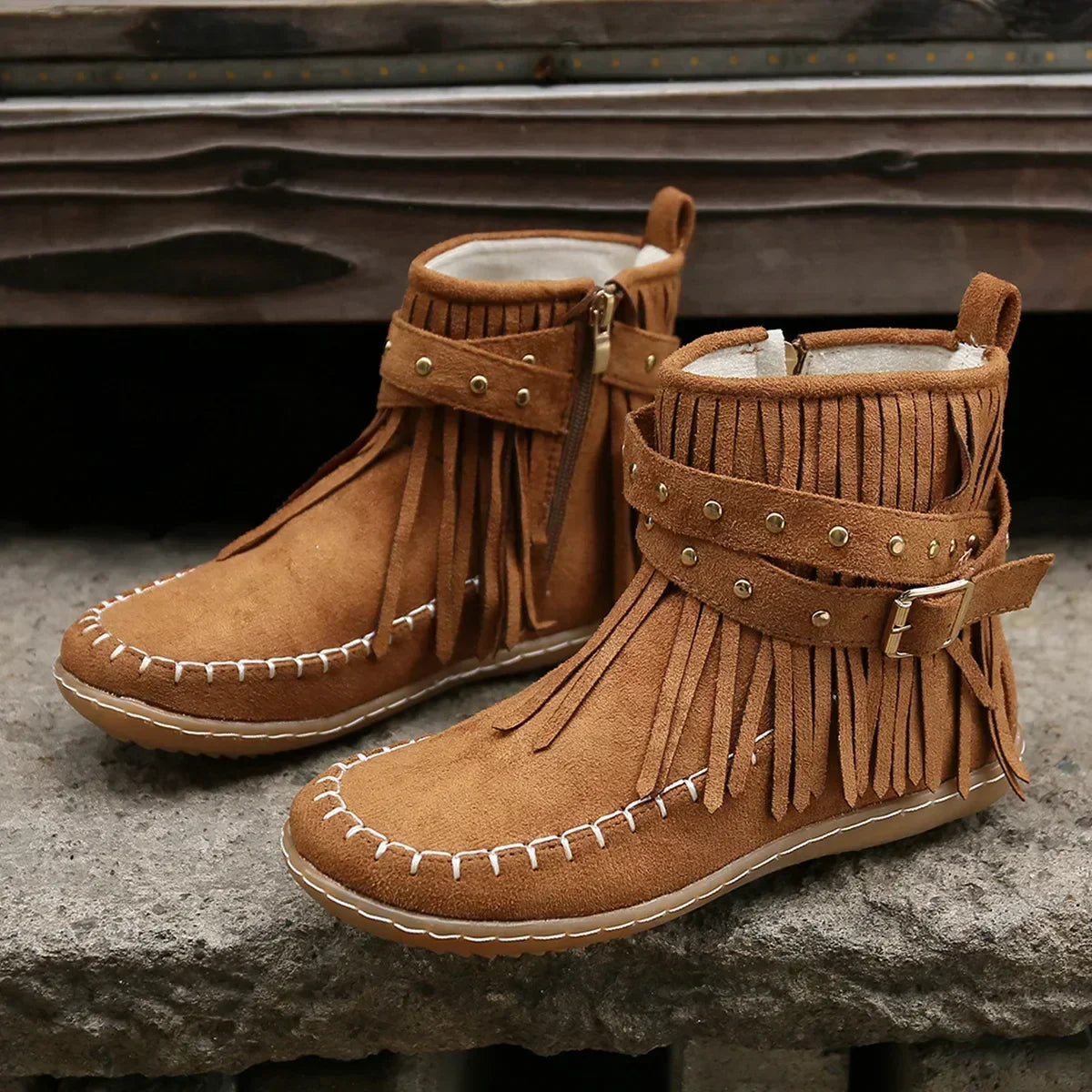 Damen Stiefeletten Fransen Nieten Schwarz - Norvielle