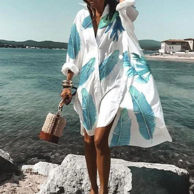 Damen Strandkleid Langarm Mit Kragen