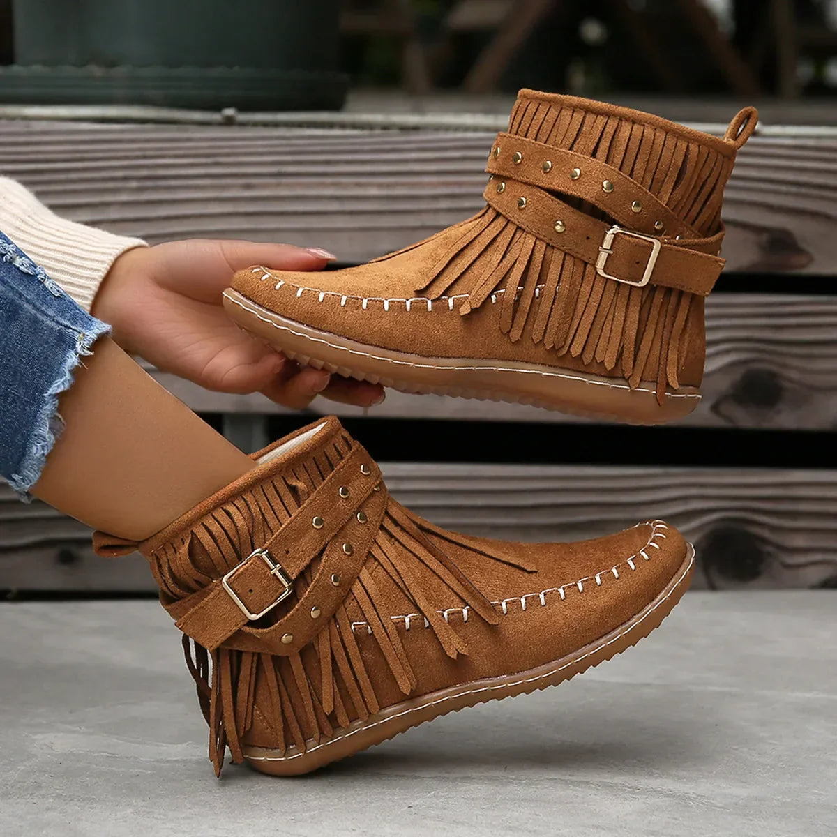 Wildaura Damen Boots braun mit Fransen & Nieten
