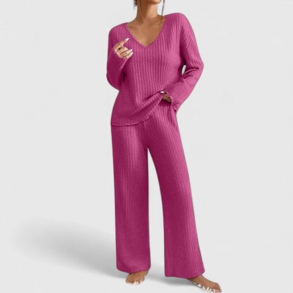Damen Lounge-Set Rippstrick Weite Hose Beige