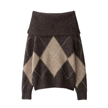 Elviane Damen Off-Shoulder Pullover Argyle-Muster - Norvielle