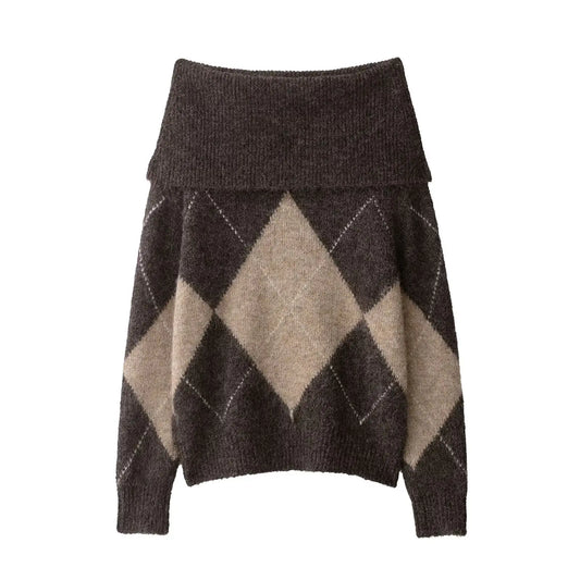 Elviane Damen Off-Shoulder Pullover Argyle-Muster - Norvielle