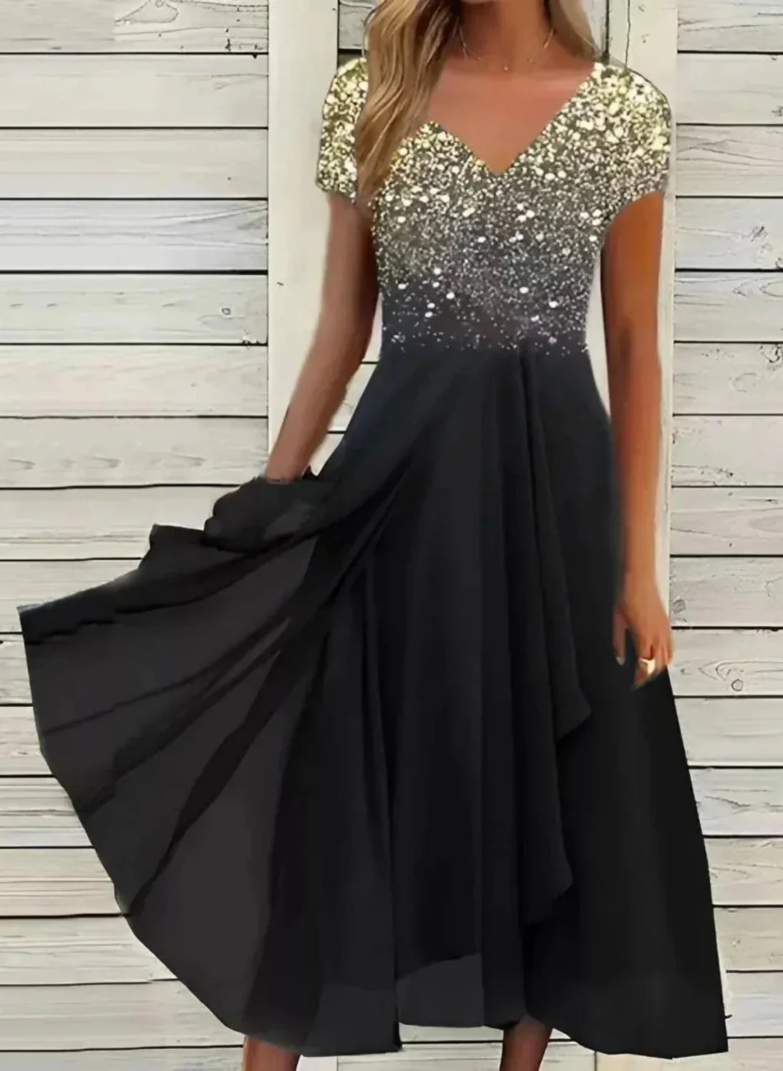 Damen Abendkleid V-Ausschnitt Kurzarm