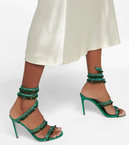 Damen Sandalen Crystal Wrap Heels mit Wickel-Knöchelband Eleganz