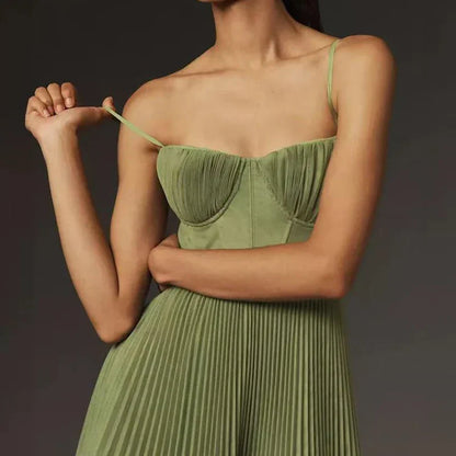 Grünes Plissiertes A-Linie Damenkleid