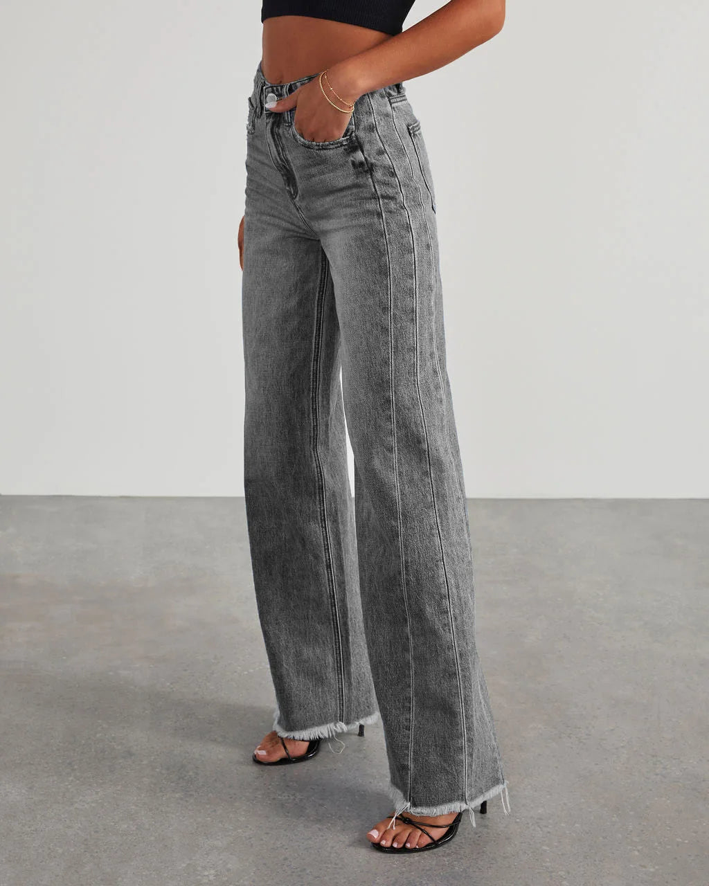 Damen Weitbein Jeans Grau Raw Hem