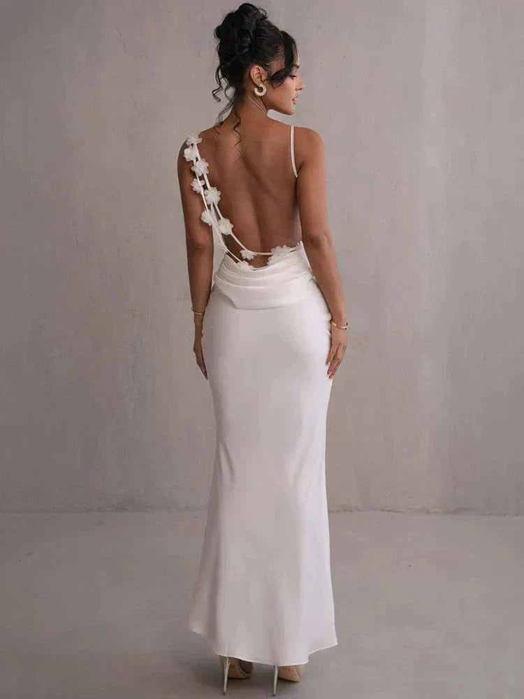 Elegantes Damen Maxikleid Satin Blumenapplikationen