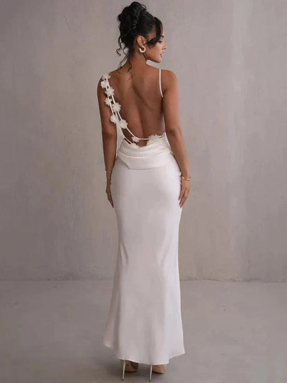 Elegantes Damen Maxikleid Satin Blumenapplikationen