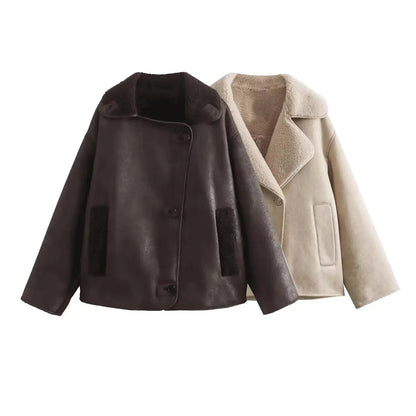 Damen Oversized Jacke Fleecefutter Großer Reverskragen