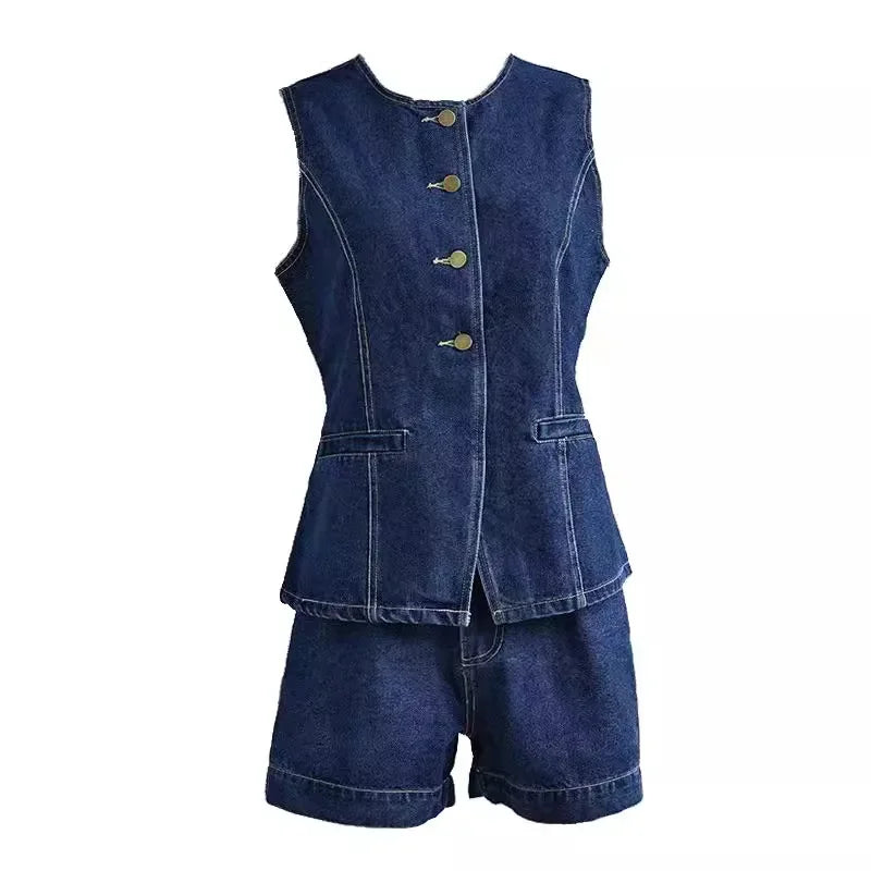 Damen Denim-Zweiteiler-Set mit Weste und Shorts