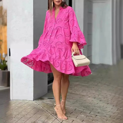 Damen Spitzenkleid Boho-Stil Knopfleiste Weite Ärmel