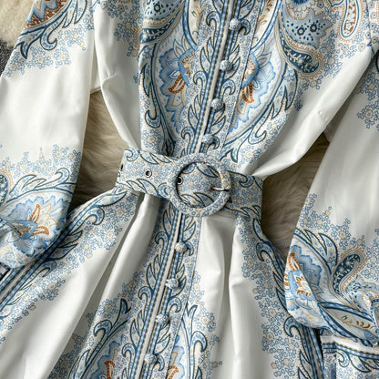 Damen A-Linienkleid mit Gürtel Blumenmuster