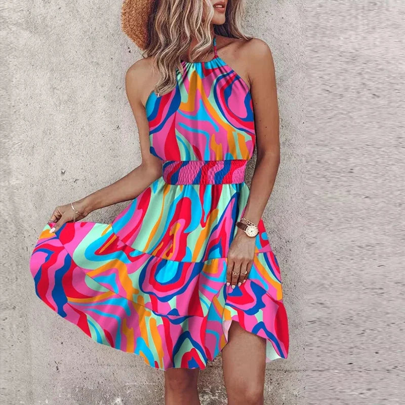 Damen Sommerkleid Ärmellos Boho-Print Tailliert