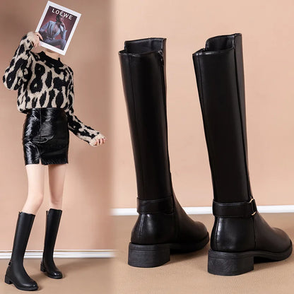 Damen Knee High Stiefel Metallschnalle Reißverschluss