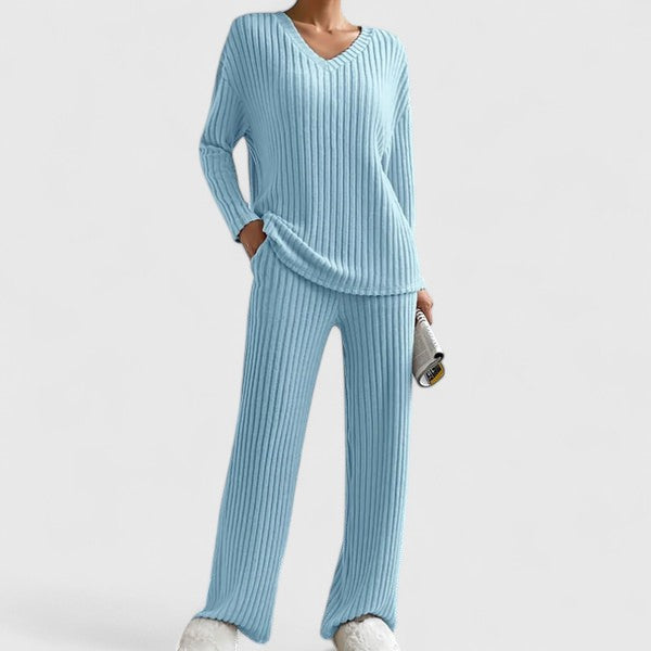 Damen Lounge-Set Rippstrick Weite Hose Beige